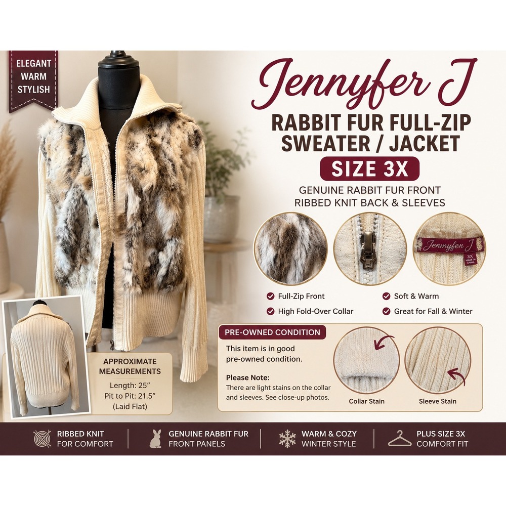 Jennyfer J Rabbit Fur Full Zip Ribbed Knit Sweater Jacket Cream Plus Size 3X